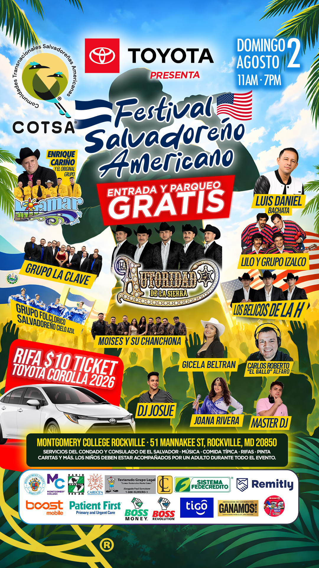 Festival Salvadoreño Americano 2026 — COTSA, Montgomery College Rockville, 2 de Agosto